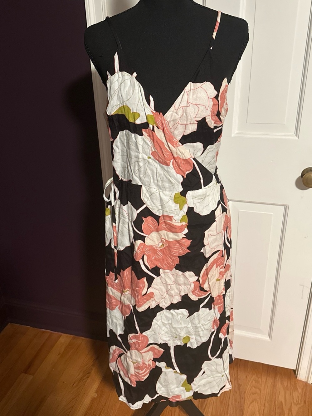 cupcakes & cashmere Black Floral Wrap Midi Dress with Coral Blooms